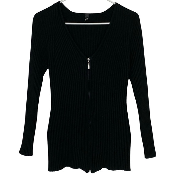 Wolford Cardigan Sweater Womens Size Medium Black Ribbed Full Zip Up V Neck LS - Picture 1 of 10